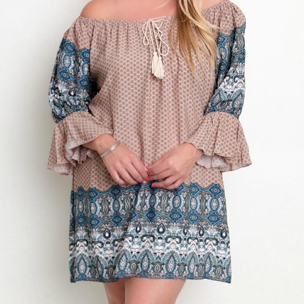 Umgee Mixed Print Long Bell Sleeve Dress Small